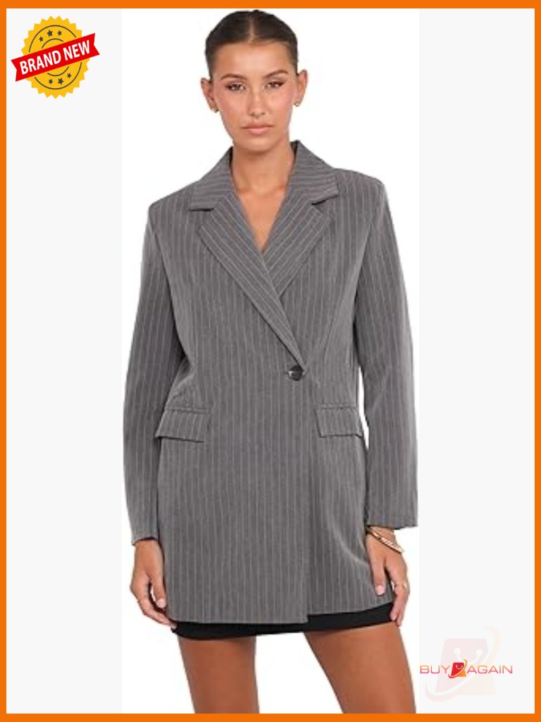 Grey Pinstripe Blazer With Notch Lapels & V-Neckline